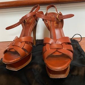 YSL Yves Saint Laurent Tribute Cognac Brown Pumps Sandals Euro 35.5